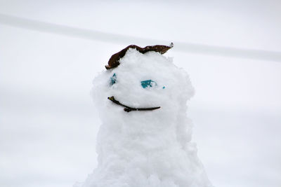 Close-up of snowman on snowy field