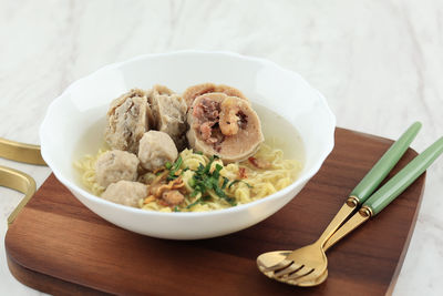 High angle view of food in bowl on table