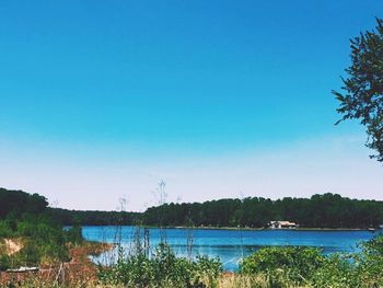 Scenic view of calm lake against clear sky