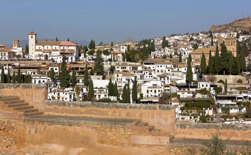 Buildings in town against clear sky