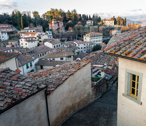 High angle view of houses in city