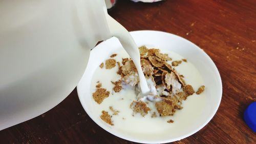 High angle view of breakfast served on table