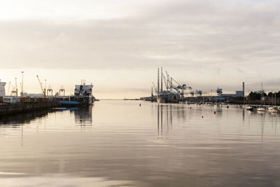 Sailboats in marina at harbor against sky