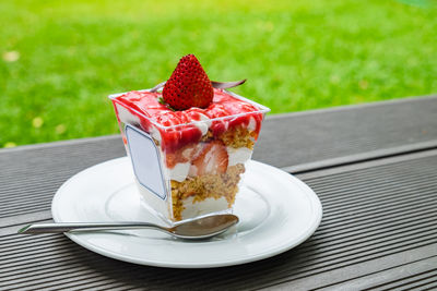 Close-up of dessert in plate on table