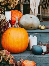 Close-up of pumpkins on table