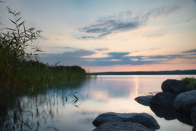 Scenic view of lake against sky during sunset