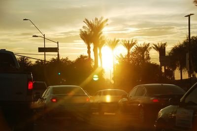Traffic on road at sunset