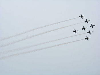 Low angle view of fighter planes flying against clear sky