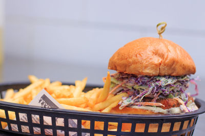 Close-up of burger in basket