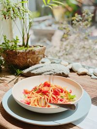 Close-up of food served on table