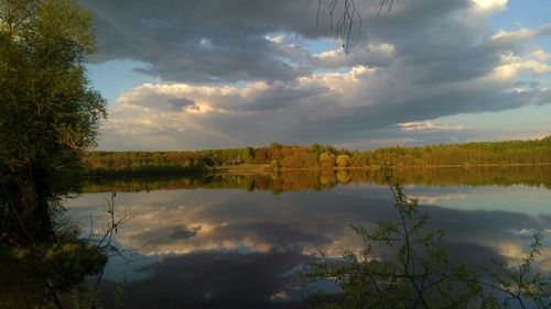 Scenic view of lake against sky at sunset