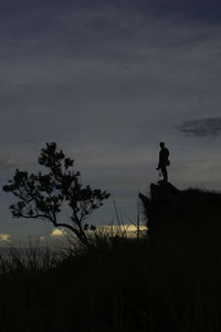 Silhouette man standing on field against sky during sunset