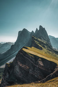 Sunbeams over the seceda, a high mountain in the dolomites in south tyrol, italy.