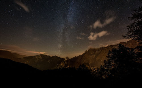 Scenic view of silhouette mountain against sky at night