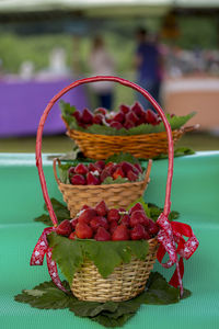 Close-up of fruits in basket on table