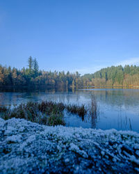 Scenic view of lake against clear blue sky