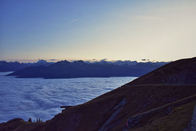 Scenic view of sea against clear sky during sunset