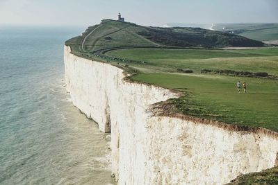 Scenic view of seven sisters cliffs by the sea