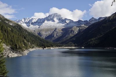 Scenic view of lake and snowcapped mountains against sky