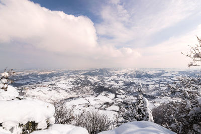 Snow covered landscape against sky