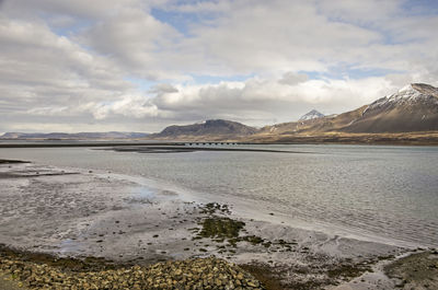 View from a hill in the town of borgarnes across borgarfjörður, with the bridge in the distance