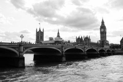 Bridge over river in city against cloudy sky