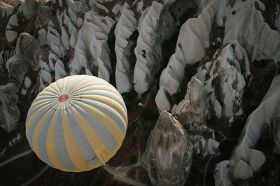 High angle view of hot air balloon flying over cappadocia