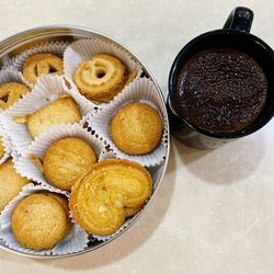 High angle view of cake in bowl on table