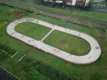 High angle view of soccer field