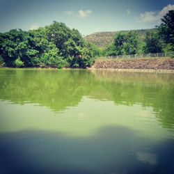 Scenic view of lake in forest against sky