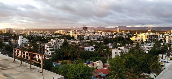 High angle shot of townscape against sky