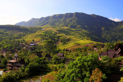 Scenic view of trees and mountains against sky