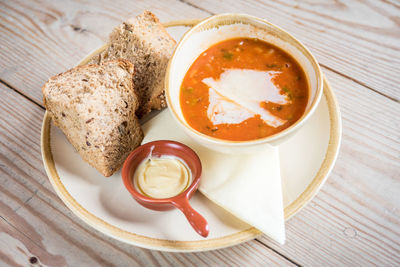 High angle view of breakfast on table
