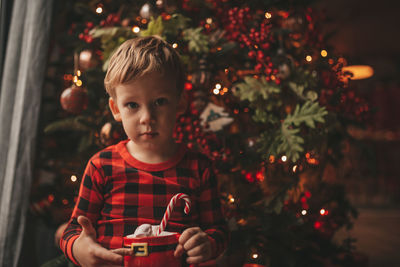 Portrait of boy holding christmas tree at home
