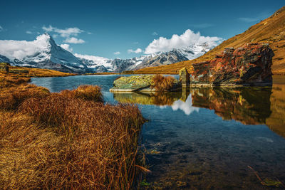 Scenic view of lake and snowcapped mountains against sky