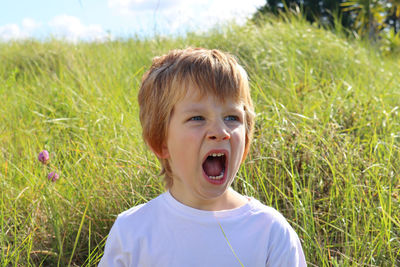 A blond boy in a field with tall grass. a five-year-old boy with a wide open mouth.