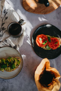 High angle view of food served on table