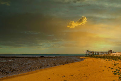 Scenic view of beach against sky during sunset