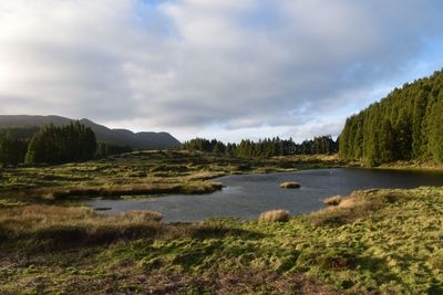 Scenic view of lake against cloudy sky