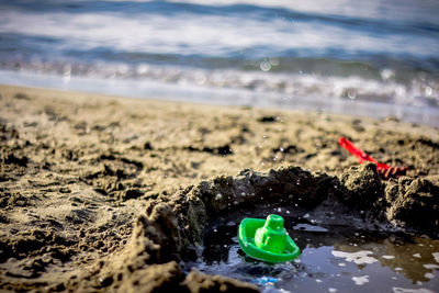 Close-up of water on beach against sky