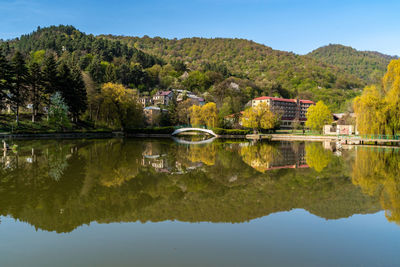 Scenic view of lake by trees against sky