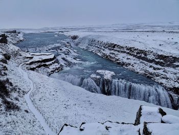 Scenic view of snow covered land against sky