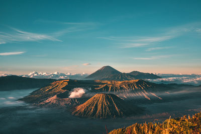 Panoramic view of volcanic landscape against sky