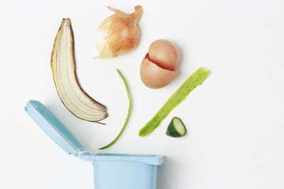 High angle view of fruits in plate against white background