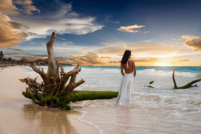 Rear view of woman standing by driftwood at beach against sky during sunset