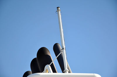 Low angle view of smoke stack against clear blue sky