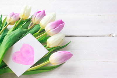 Close-up of pink tulip flowers on table