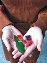 Midsection of woman holding leaves