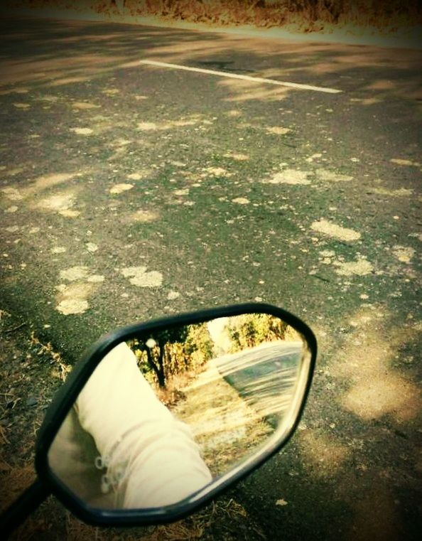 reflection, side-view mirror, transportation, vehicle mirror, road, car, day, outdoors, landscape, no people, nature, water, close-up