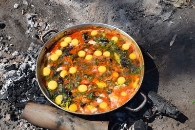 High angle view of food in pan